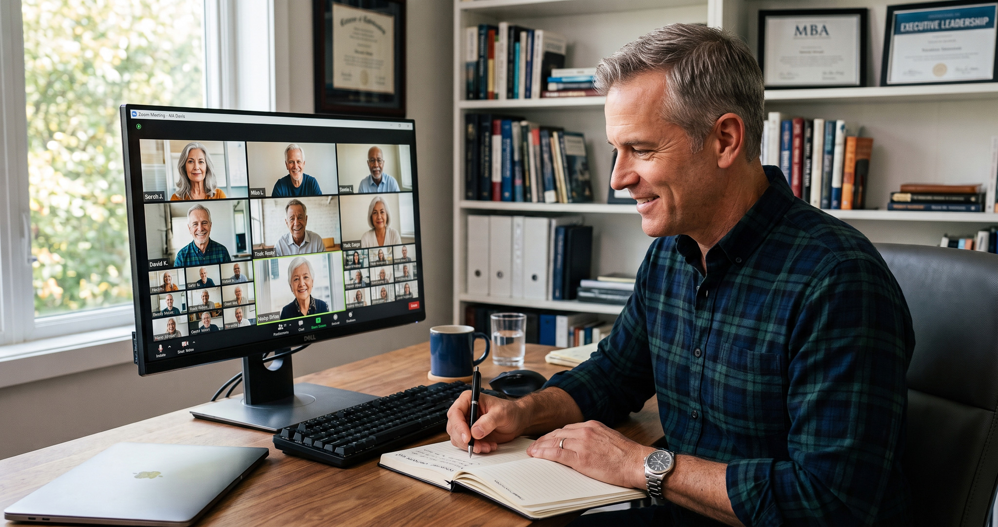 An executive taking notes during an online Circle session in his home study